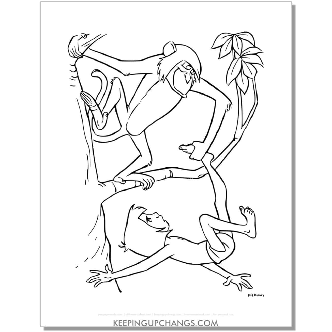 monkey holding mowgli by the foot jungle book coloring page, sheet.