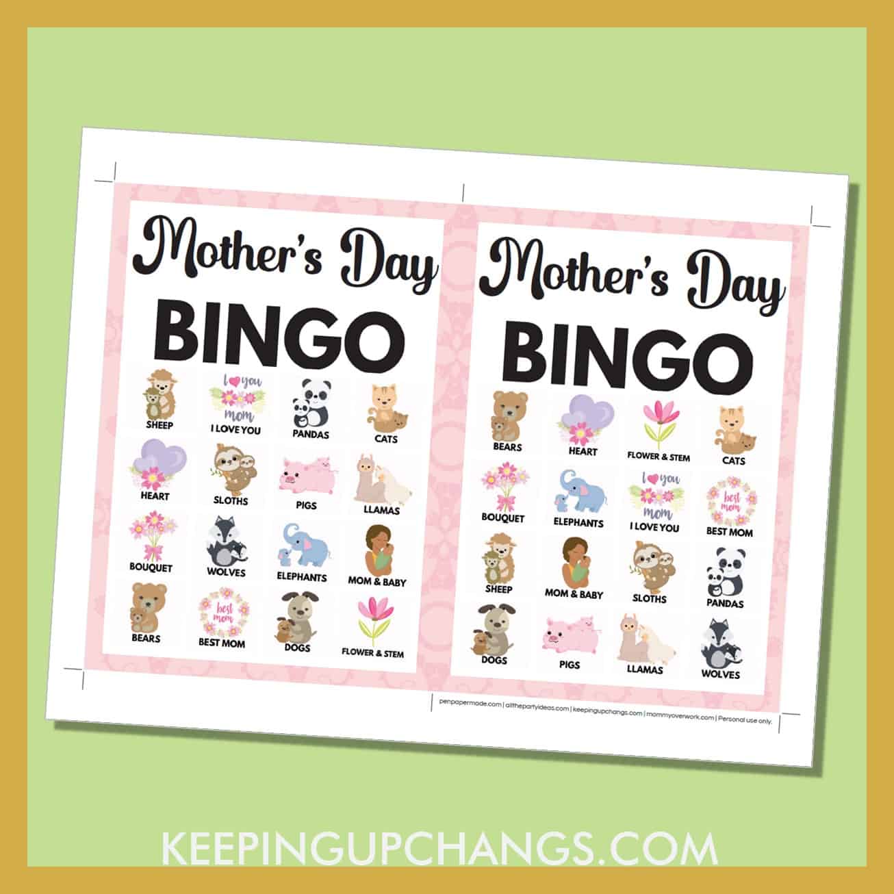 free mother's day bingo card 4x4 5x7 game boards with images and text words.