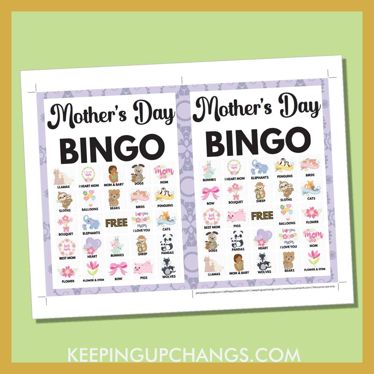 free mother's day bingo card 5x5 5x7 game boards with images and text words.
