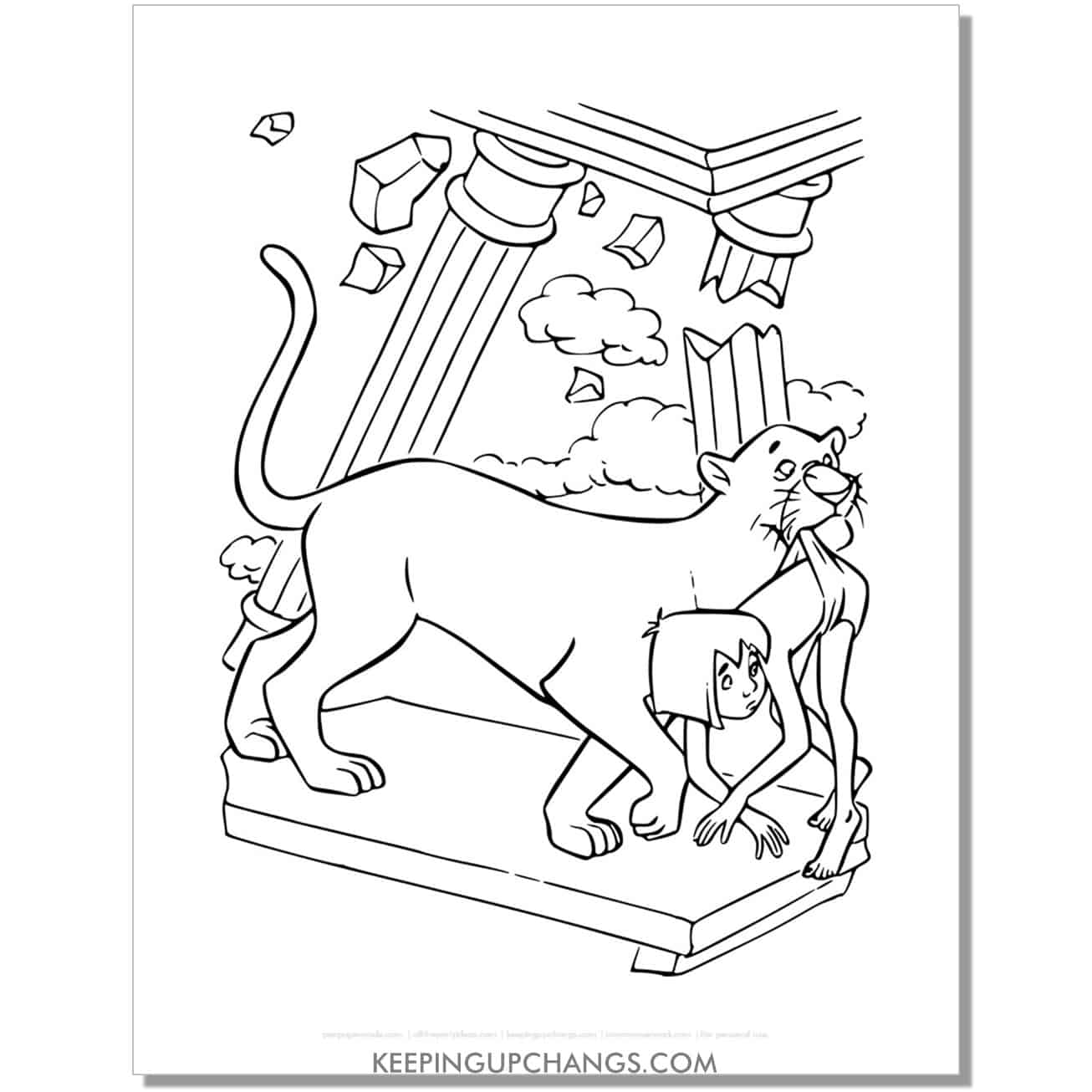 bagheera saves mowgli from temple ruins jungle book coloring page, sheet.