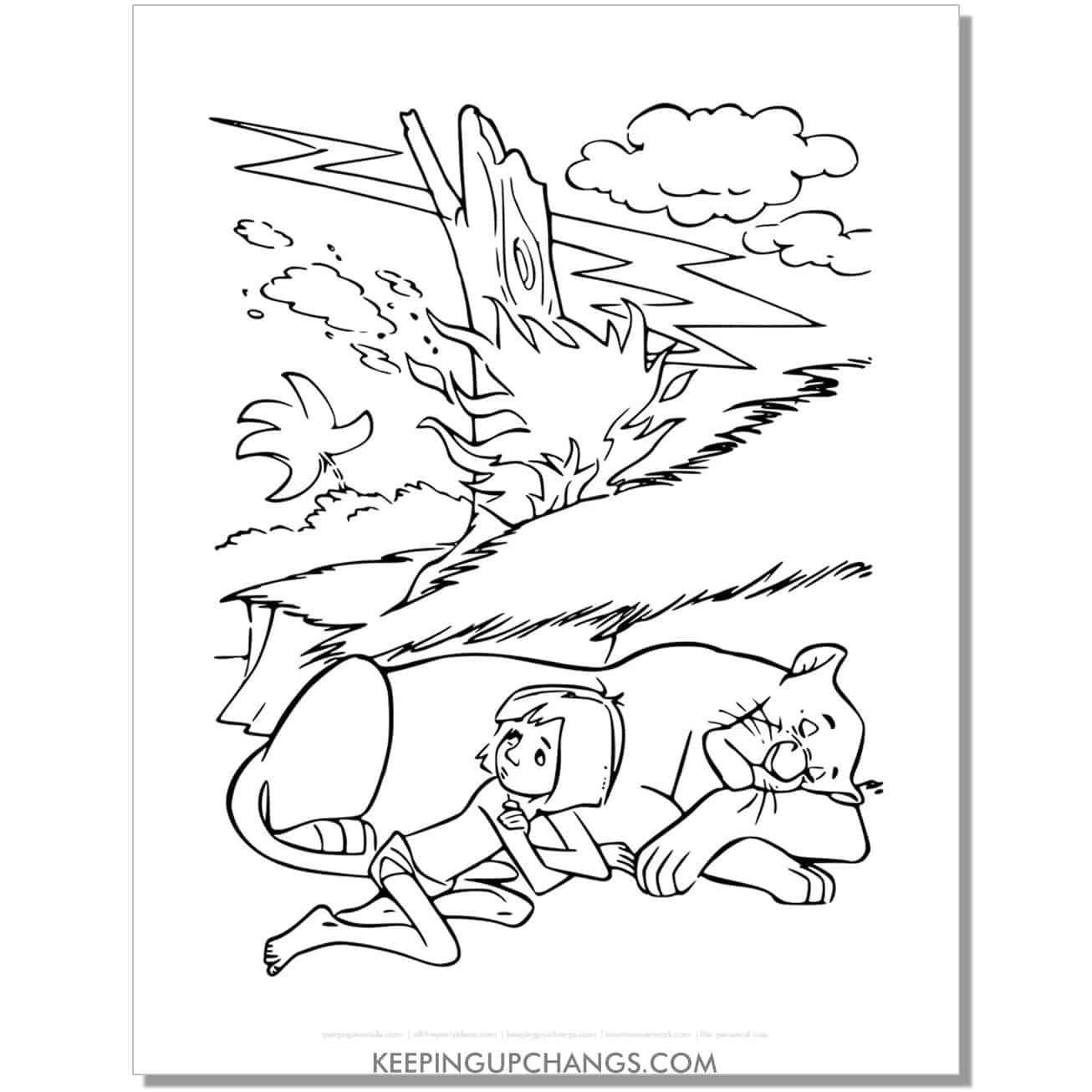 mowgli and bagheera by fire jungle book coloring page, sheet.