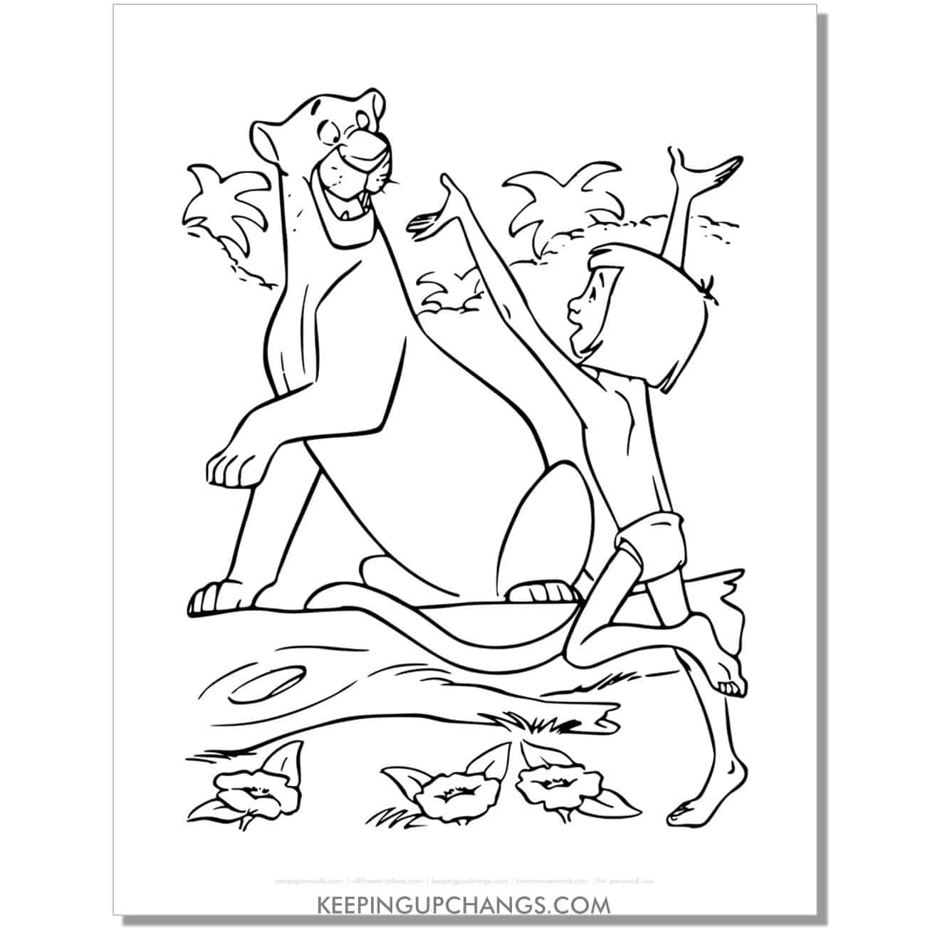 bagheera and mowgli happy jungle book coloring page, sheet.