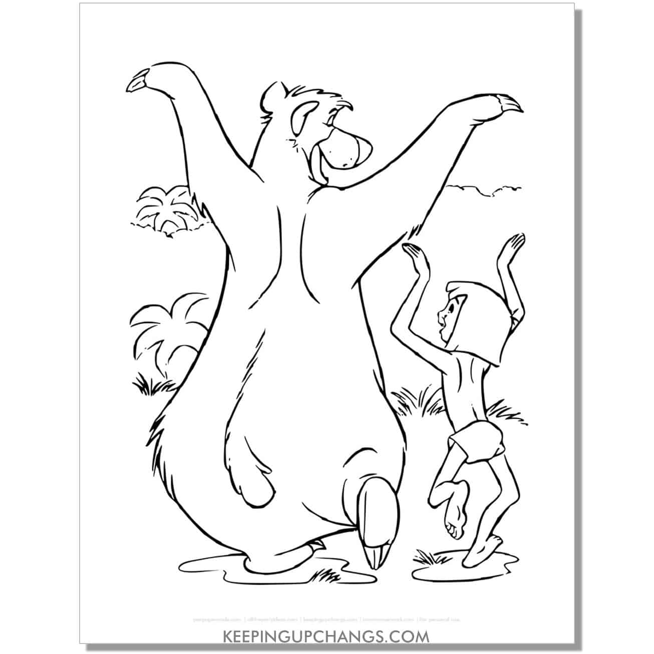 mowgli and baloo dance jungle book coloring page, sheet.