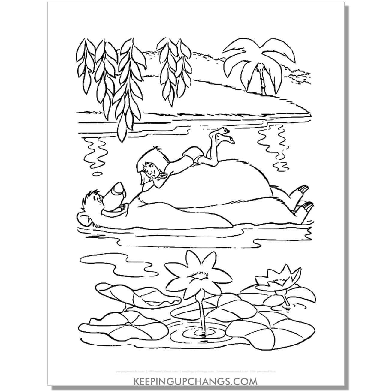 mowgli laying on baloo's stomach as floating in river jungle book coloring page, sheet.