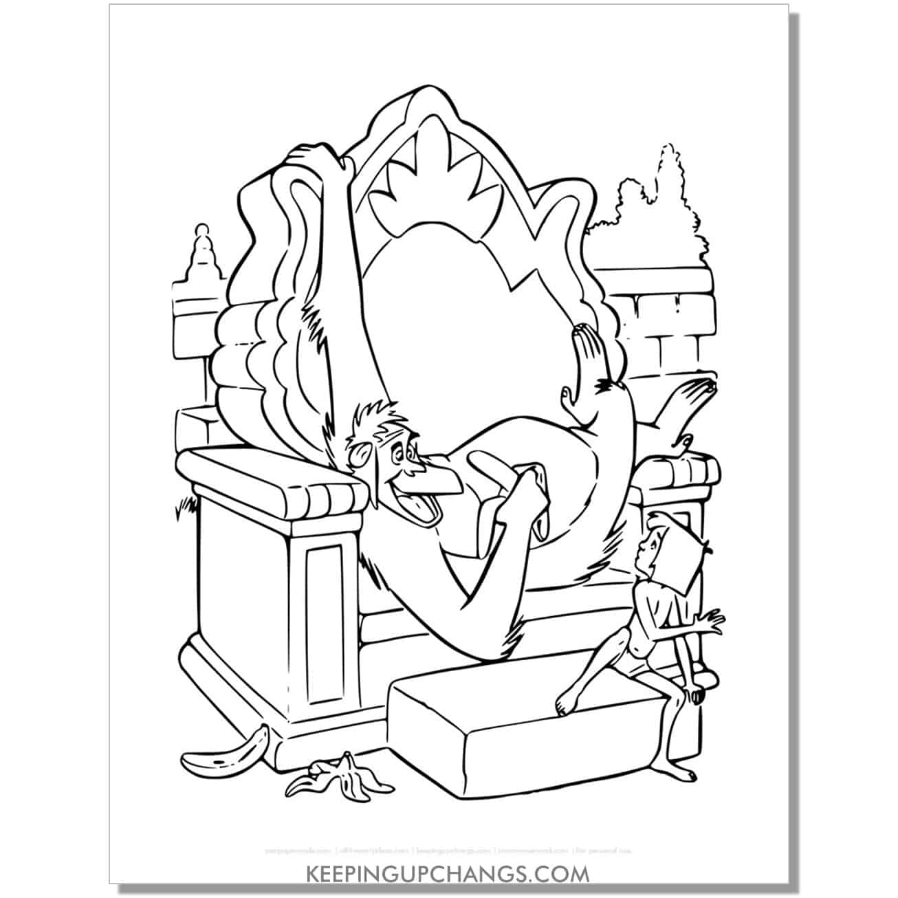 king louie sleepig on temple throne jungle book coloring page, sheet.