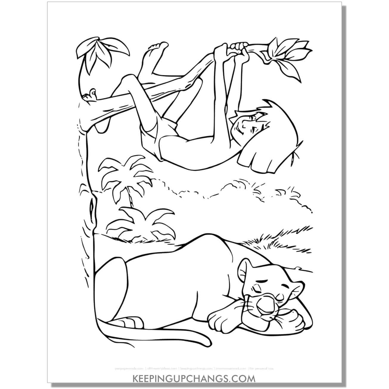 bagheera resting, mowgli climbing tree jungle book coloring page, sheet.