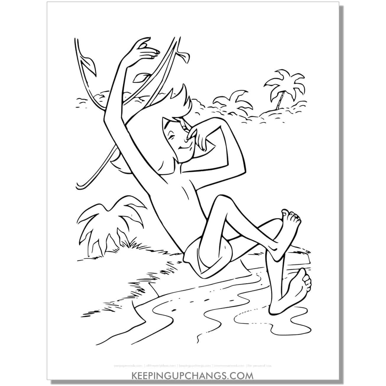 mowgli diving into river jungle book coloring page, sheet.