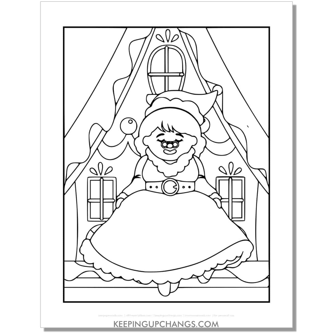 free adorable santa's mrs. claus in front of house workshop full size coloring page.