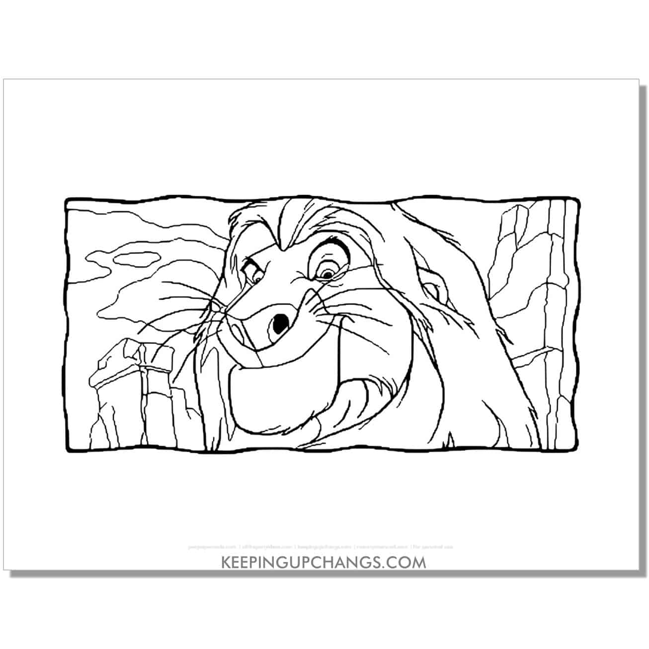 close up of mufasa movie scene lion king coloring page, sheet.