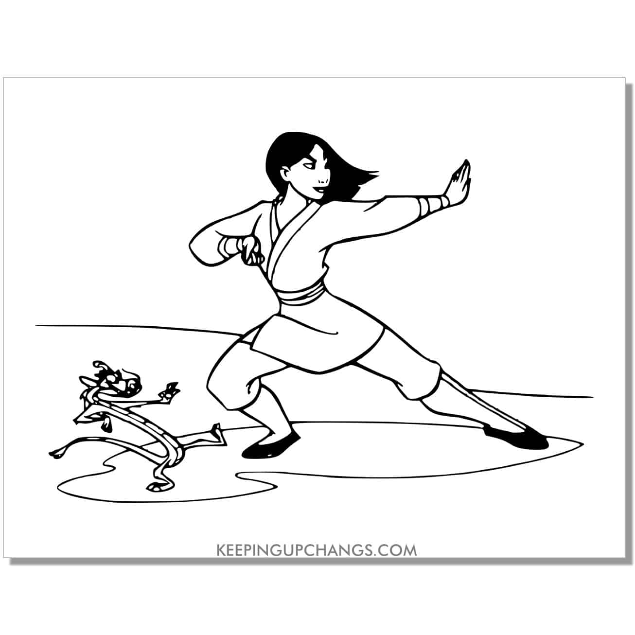 mulan training as soldier with mushu coloring page.