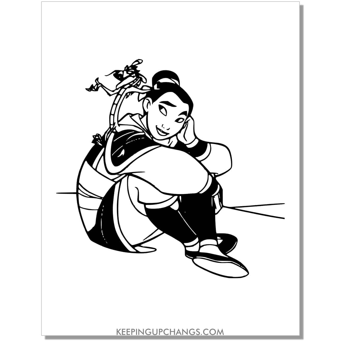 mulan as ping warrior in armor coloring page.