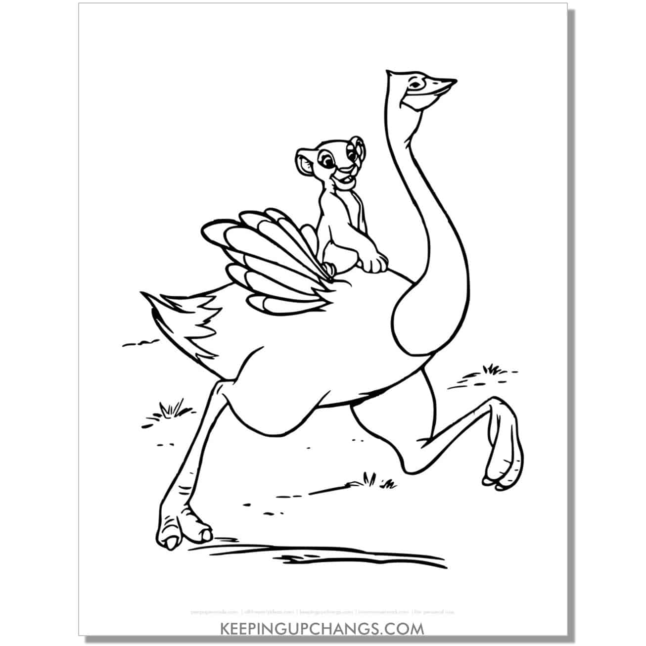 nala riding on ostrich lion king coloring page, sheet.