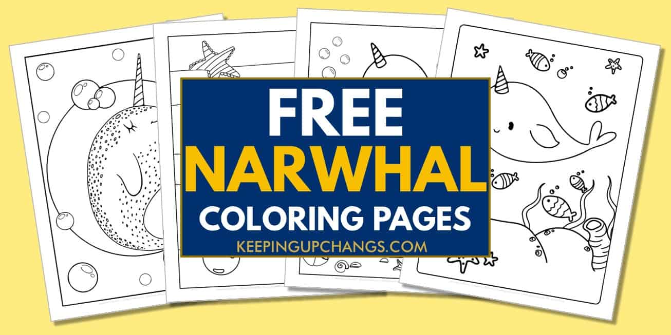 spread of narwhal coloring pages, sheets.