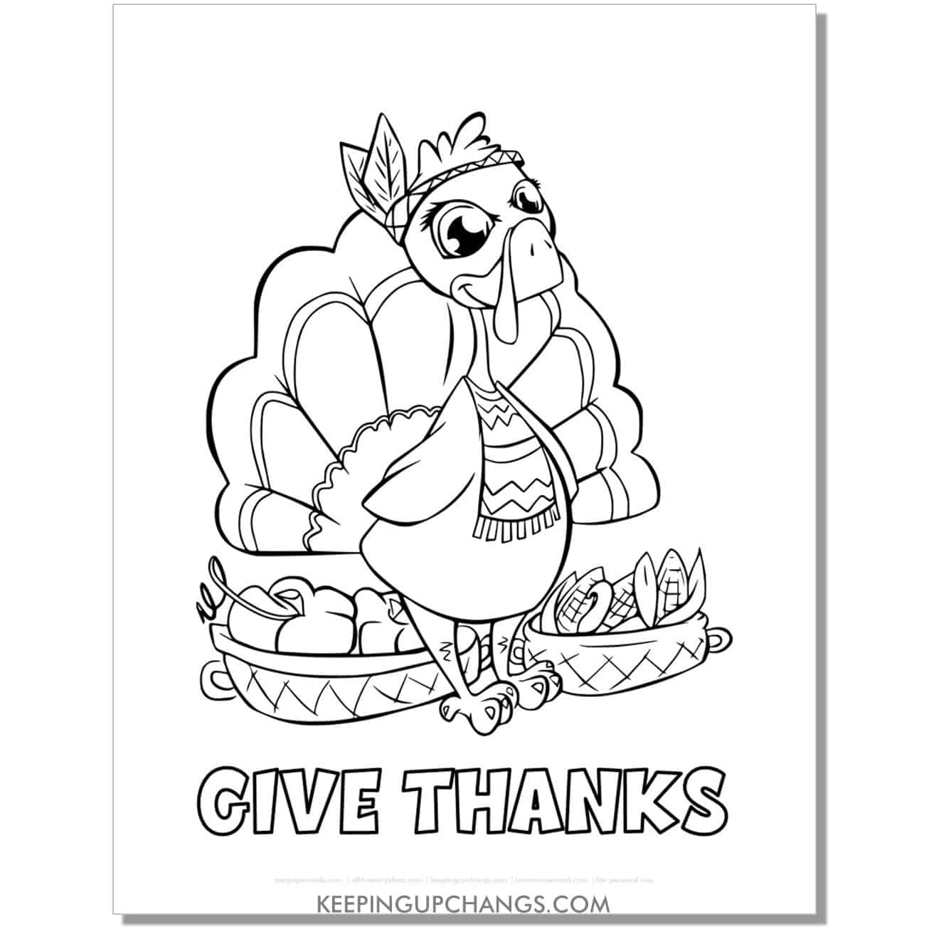 free give thanks native american indian turkey coloring page for thanksgiving, fall.