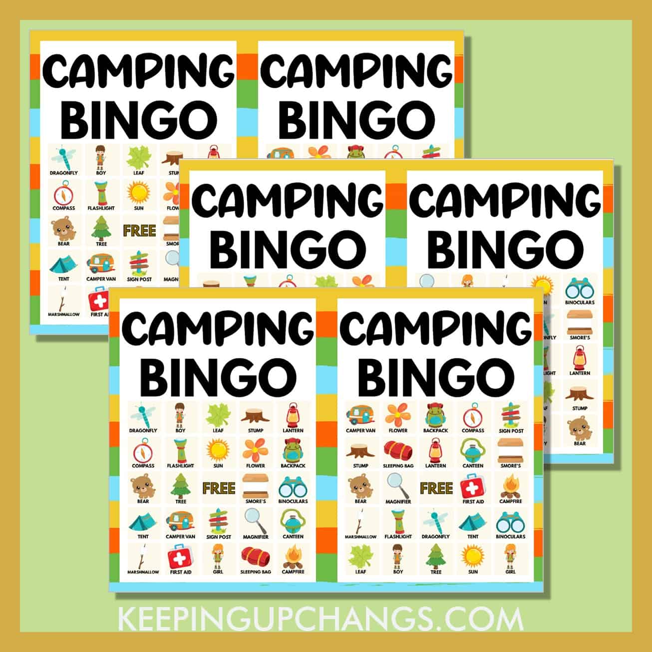 free camping nature bingo 5x5 game cards.