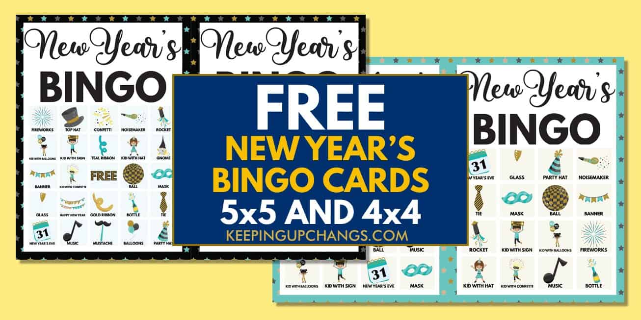 free new year's bingo cards 5x5 4x4 for birthday party, wedding, baby shower.