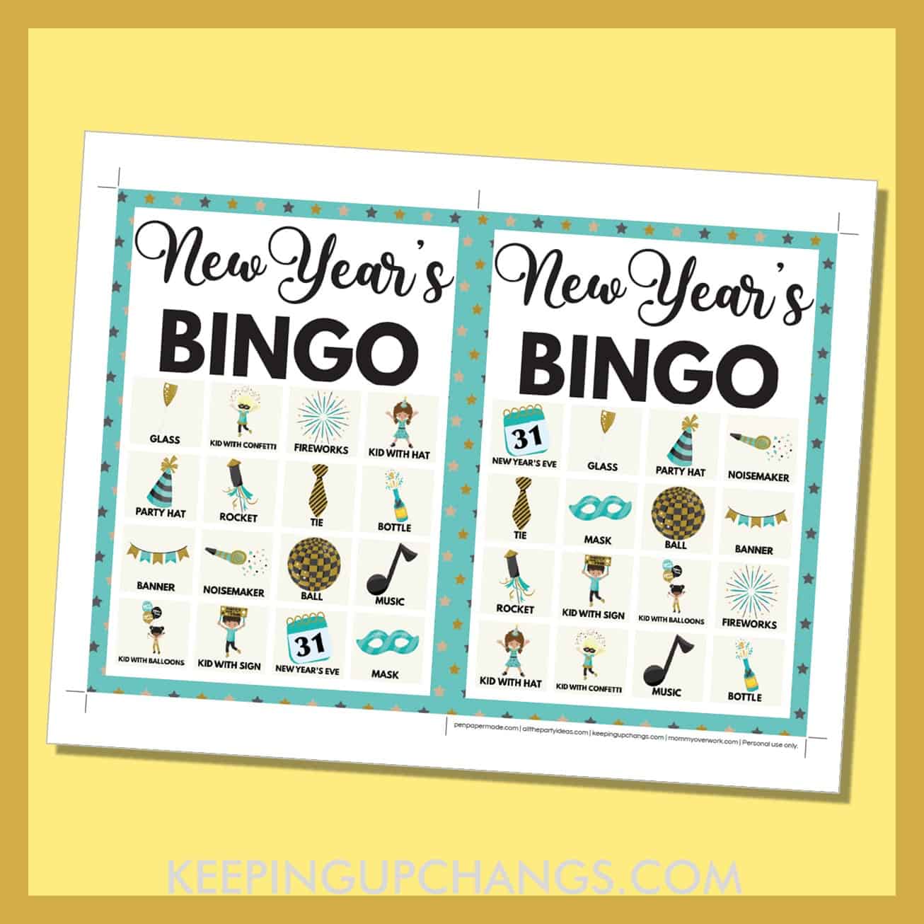 free new year's bingo card 4x4 5x7 game boards with images and text words.
