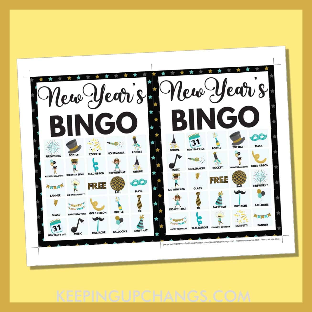 free new year's bingo card 5x5 5x7 game boards with images and text words.