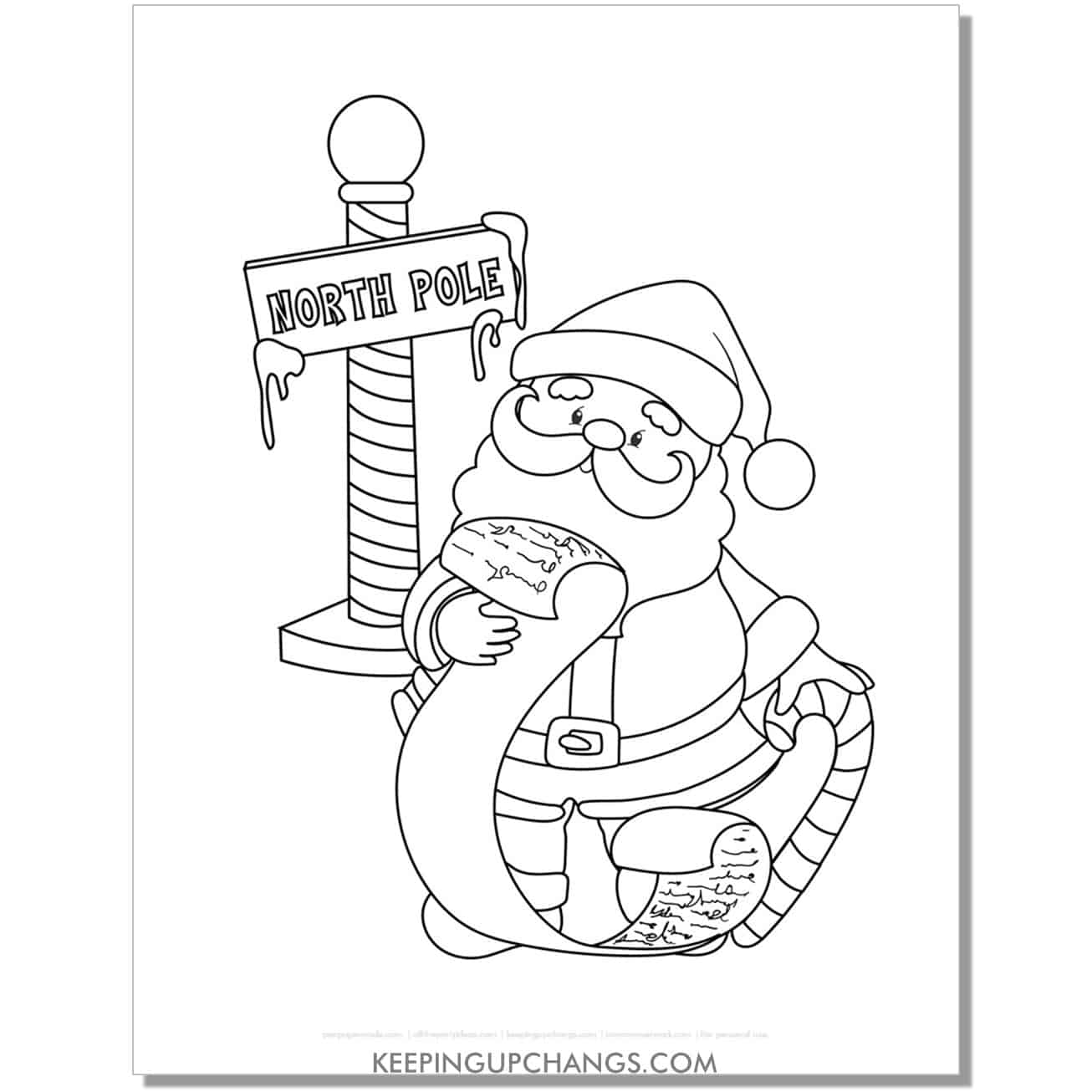 free adorable north pole santa with naughty nice list coloring page.