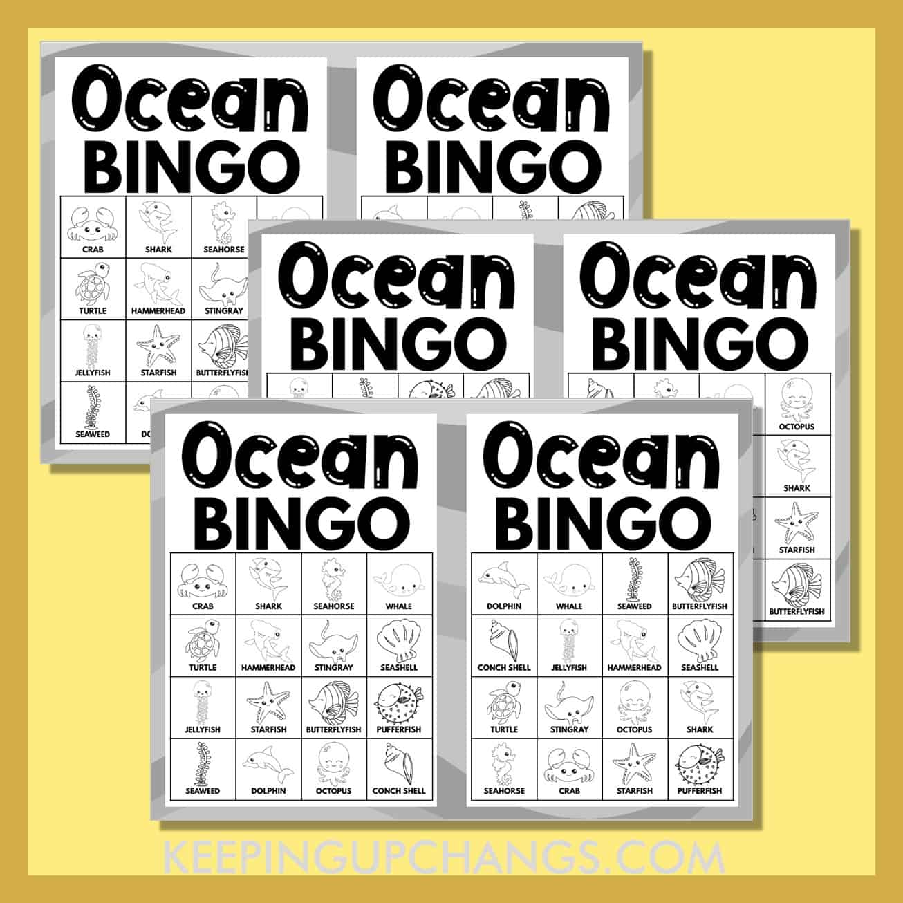 free black, white sea ocean bingo 4x4 game cards.