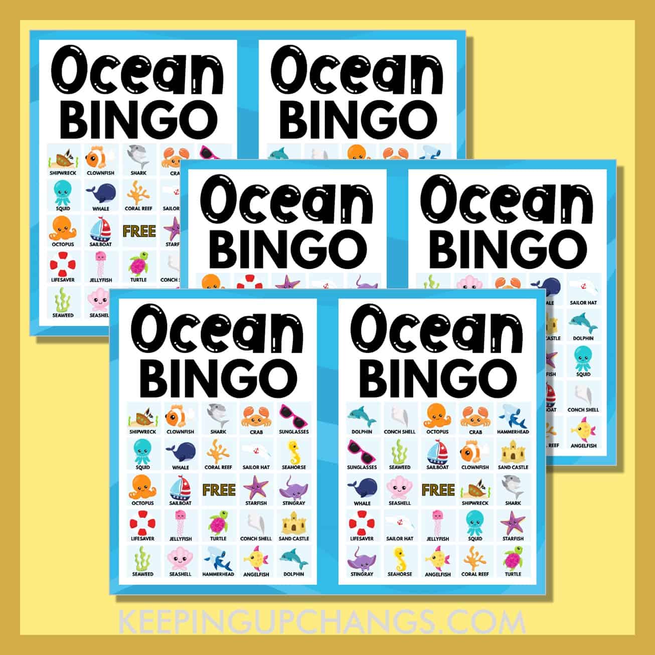 free ocean bingo 5x5 game cards.