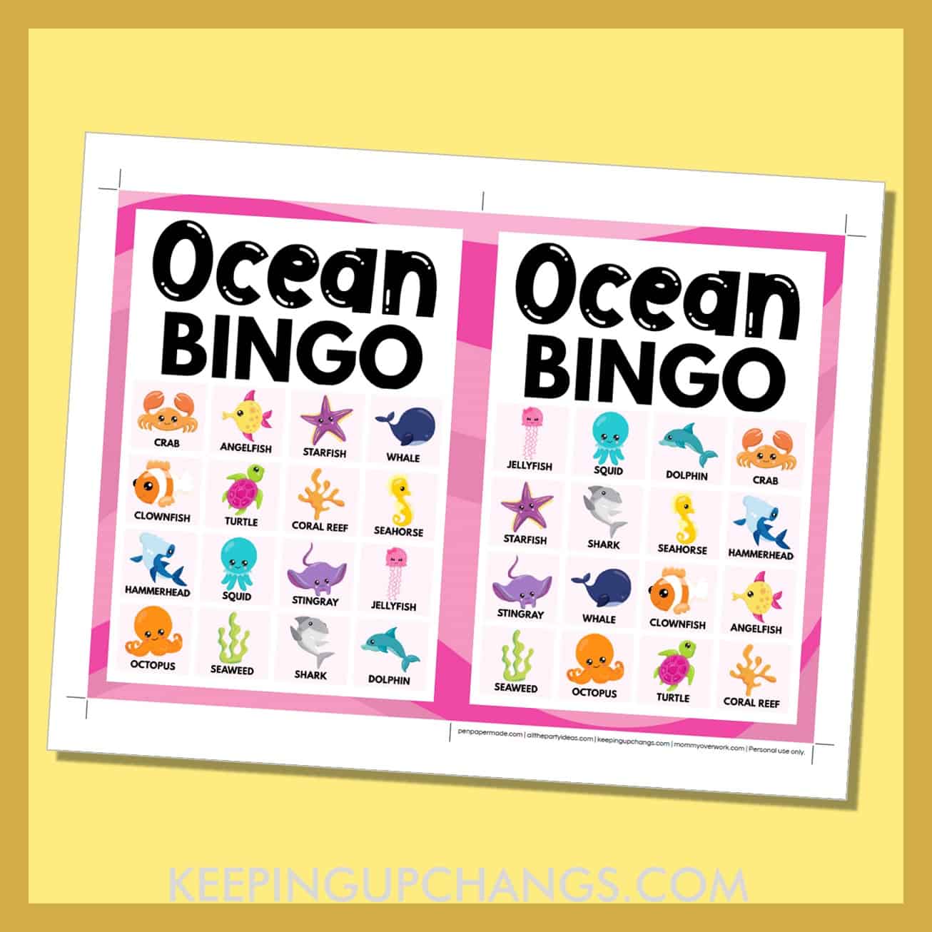 free ocean sea bingo card 4x4 5x7 game boards with images and text words.