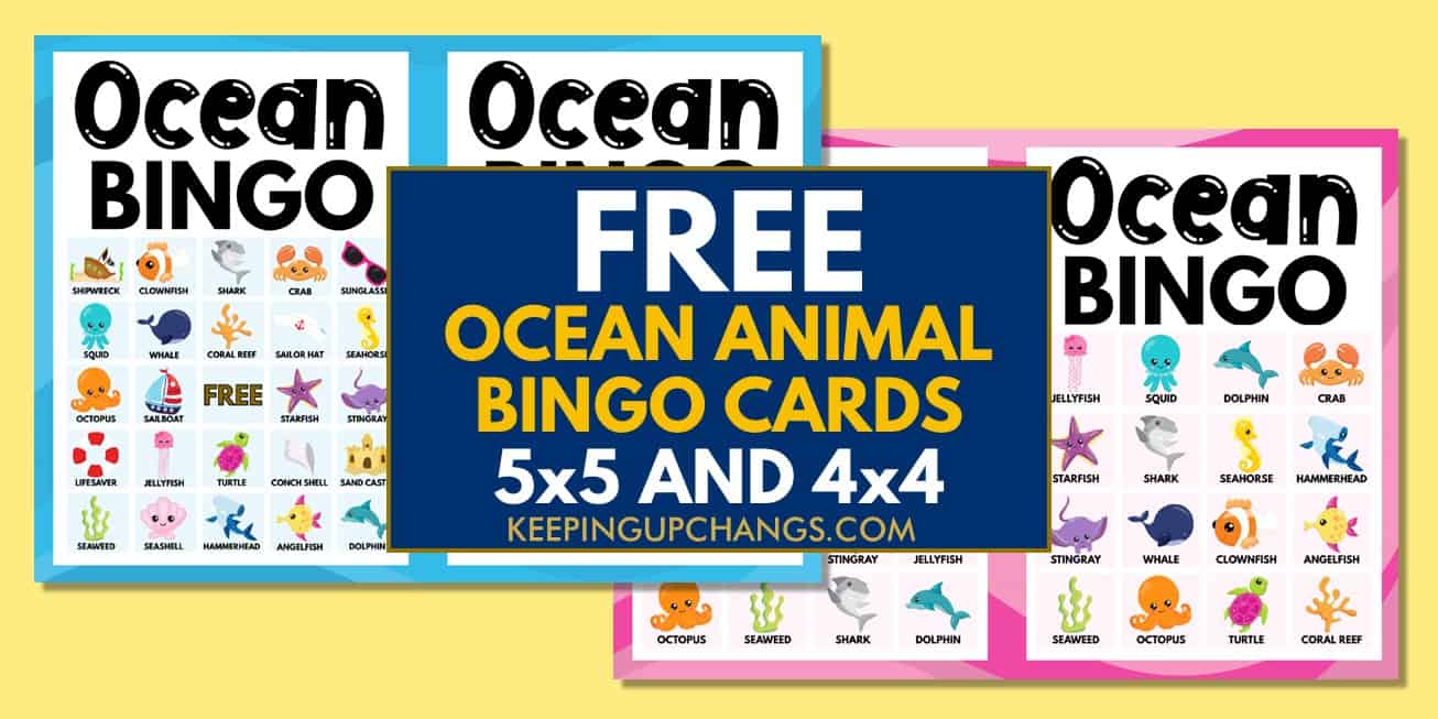 free ocean bingo cards 5x5 4x4 for birthday party, wedding, baby shower.