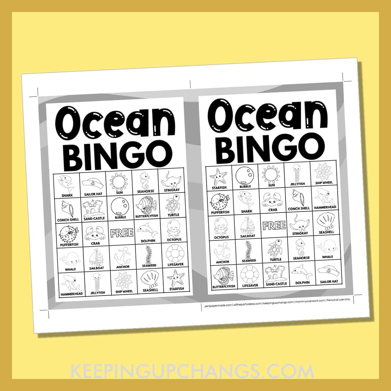 free ocean bingo card 5x5 5x7 game boards with black, white images and text words.