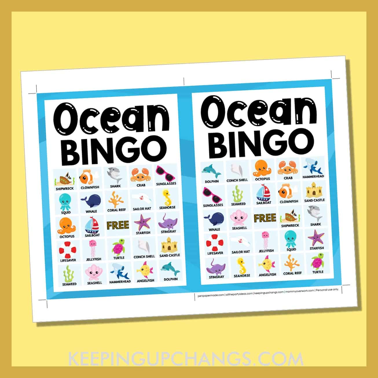 free ocean bingo card 5x5 5x7 game boards with images and text words.