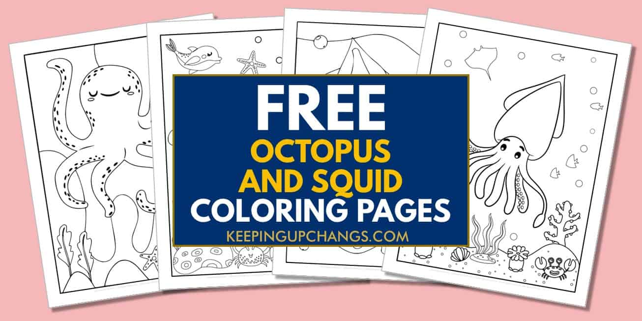spread of octopus, squid coloring pages, sheets.