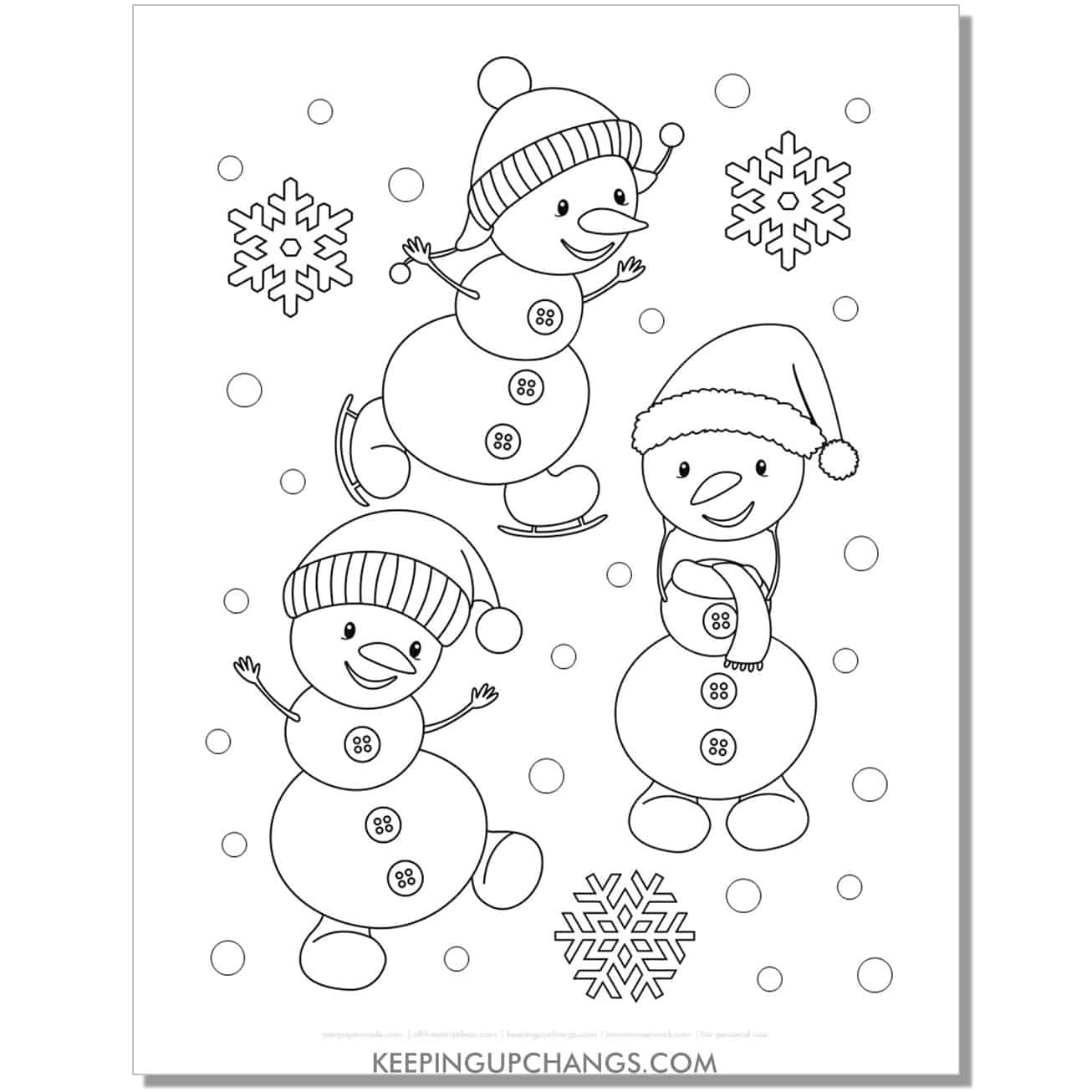 free adorable snowman friends coloring page.