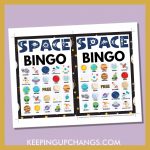 free space bingo card 5x5 5x7 game boards with images and text words.