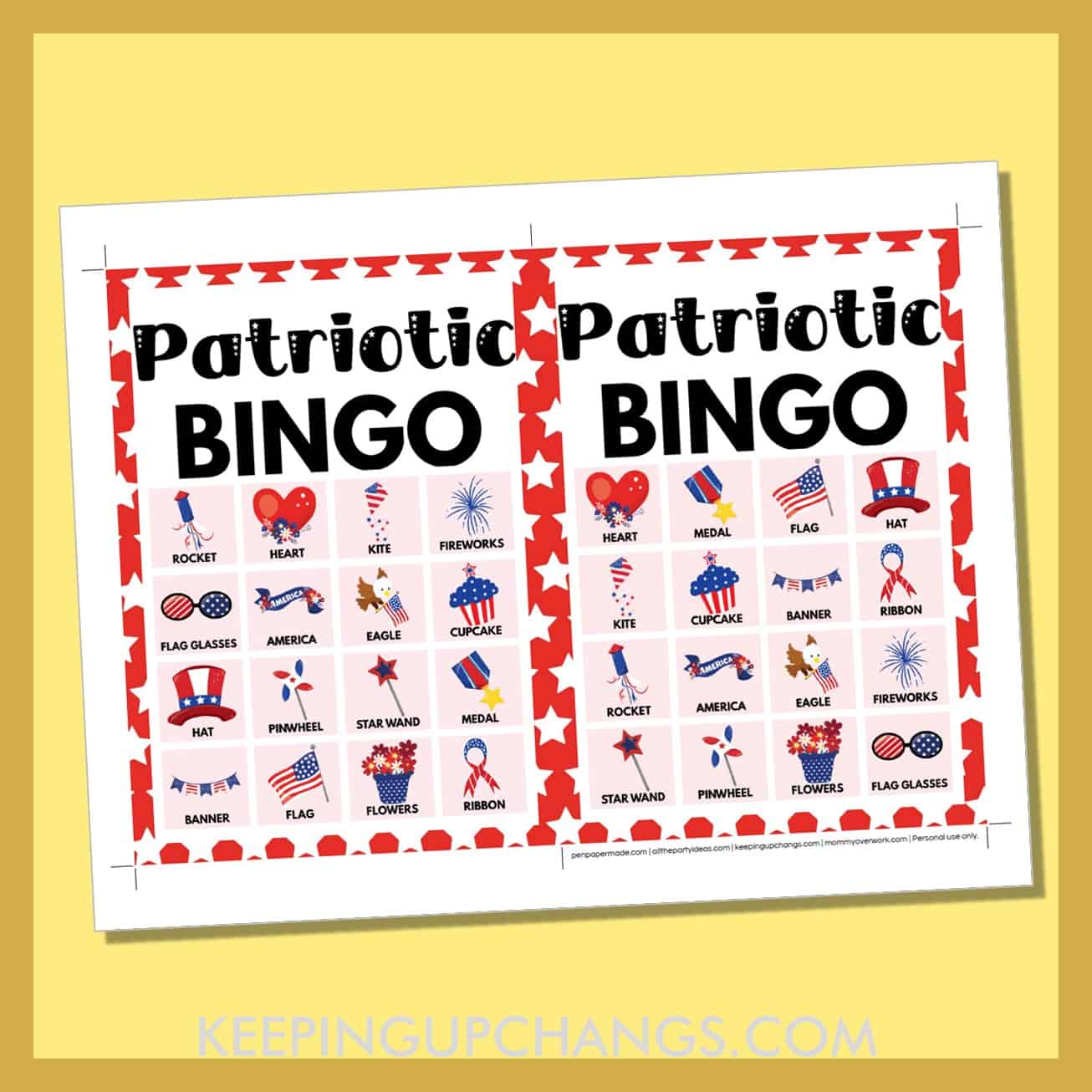 free patriotic bingo card 4x4 5x7 game boards with images and text words.