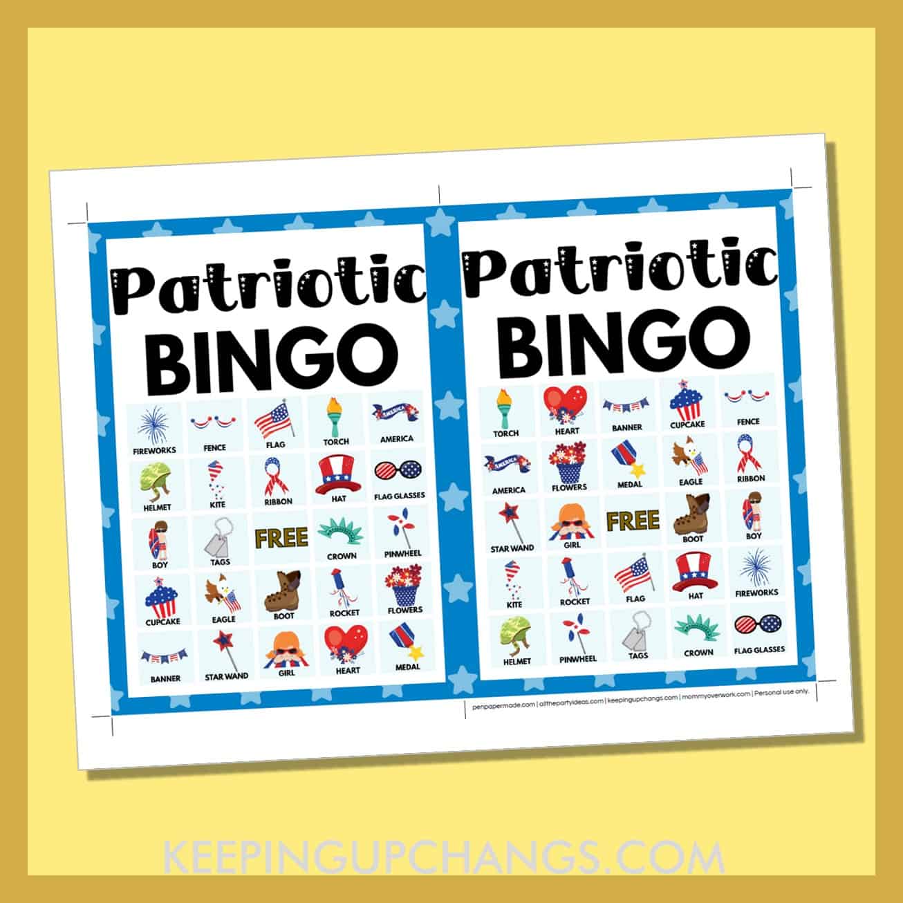 free patriotic bingo card 5x5 5x7 game boards with images and text words.