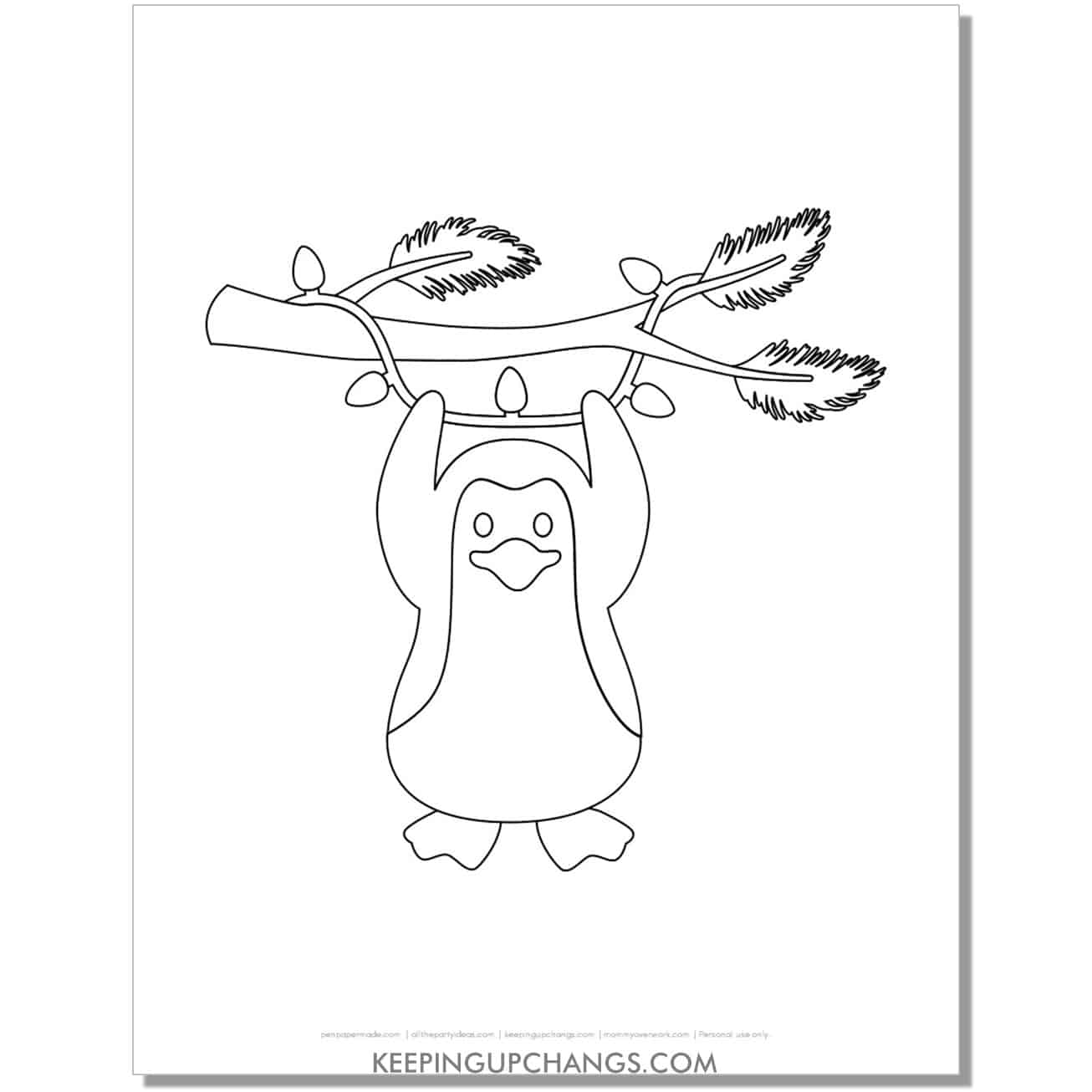 free funny penguin hanging from christmas lights coloring page.