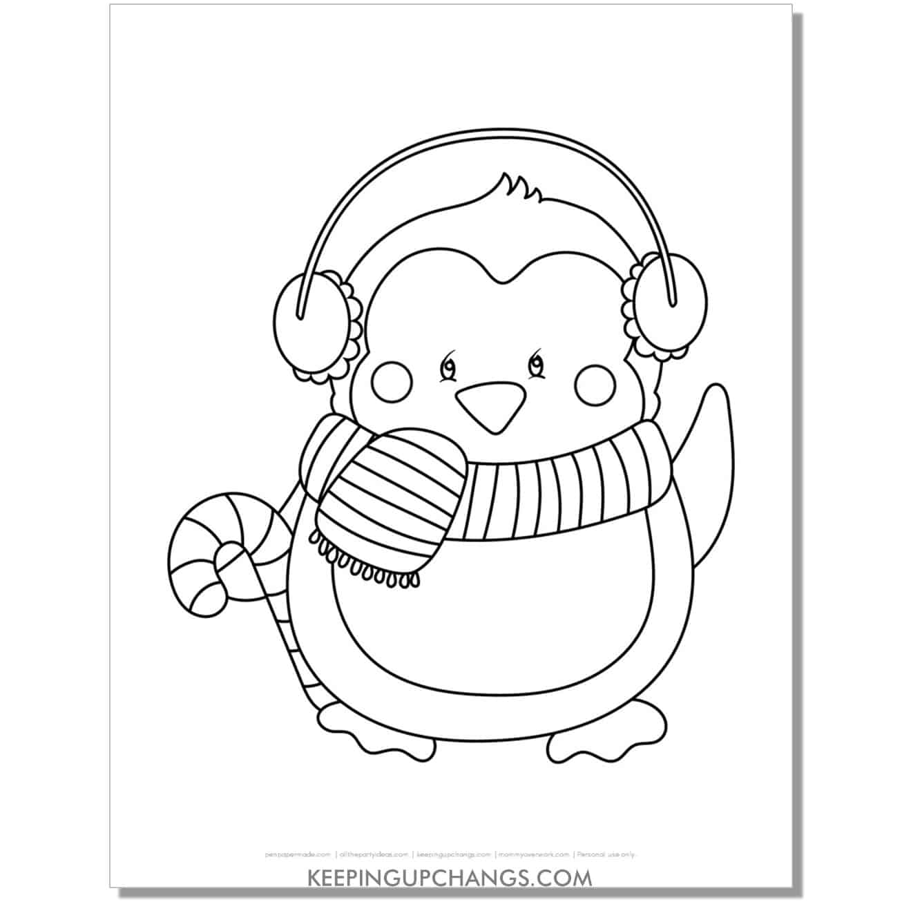 free fat penguin with ear muffs, scarf, candy cane coloring page.