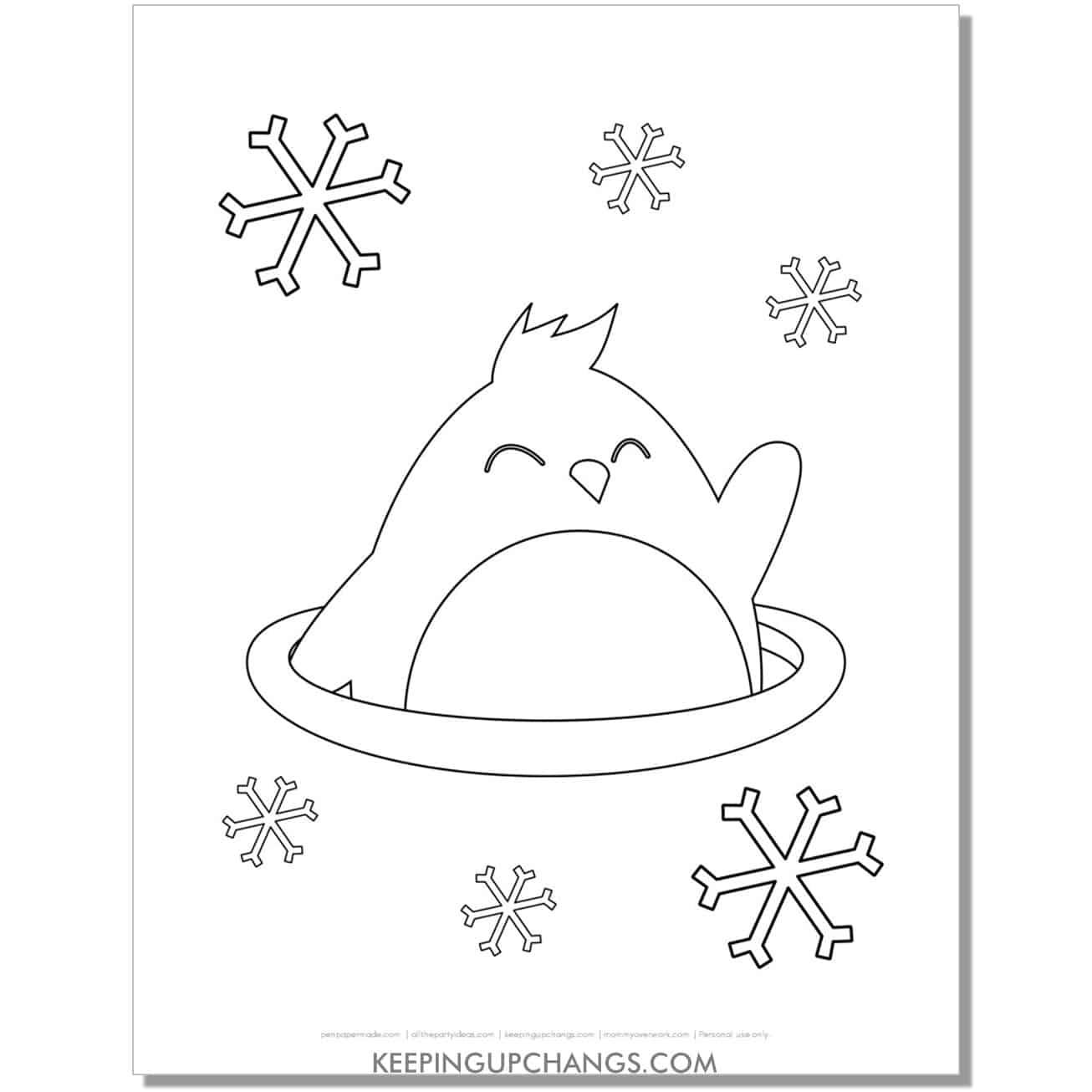 free winter penguin in ice fishing hole with snowflakes coloring page.