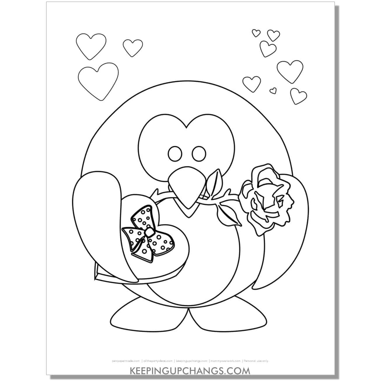 free love penguin with chocolate heart and roses coloring page.