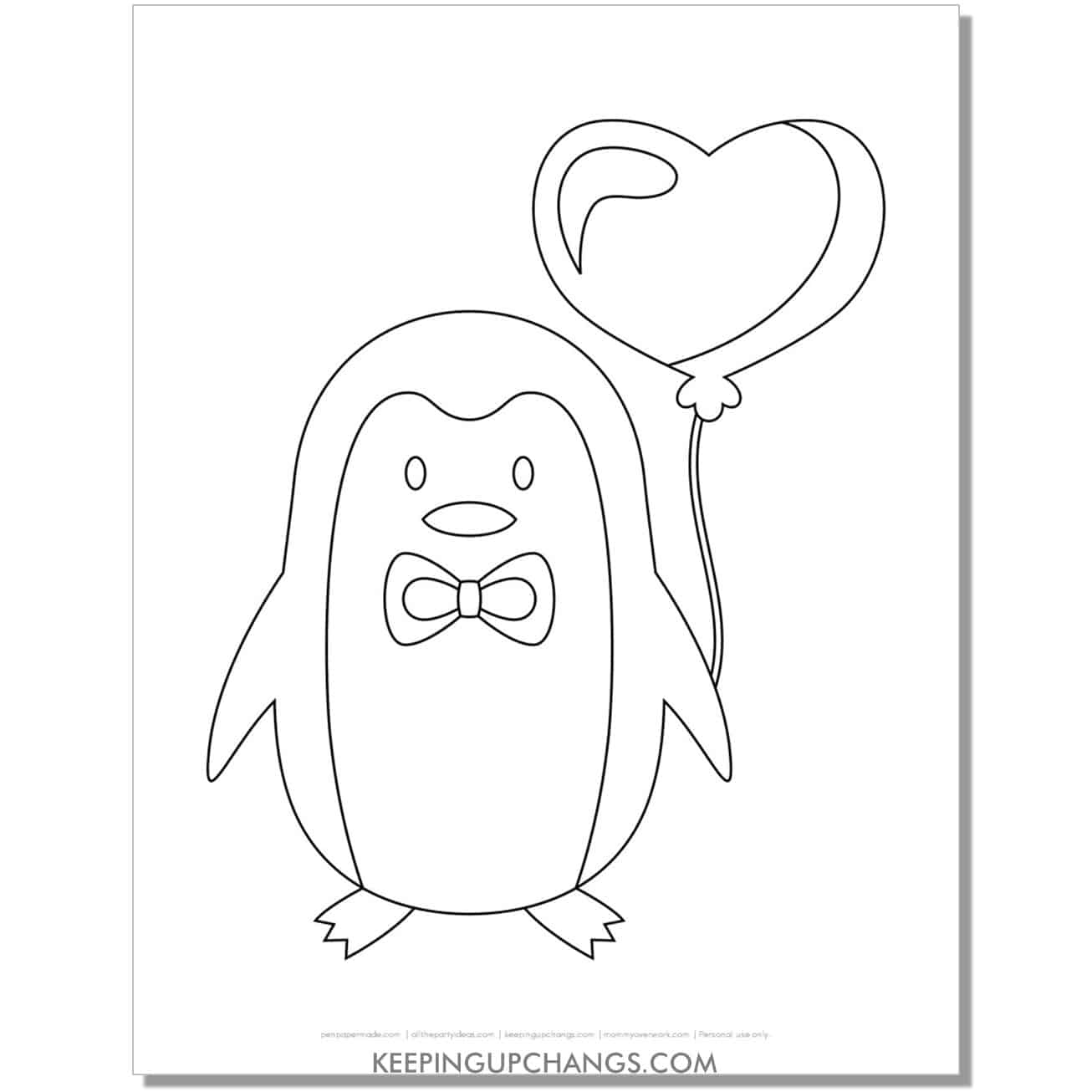 free simple love penguin boy with balloon coloring page.
