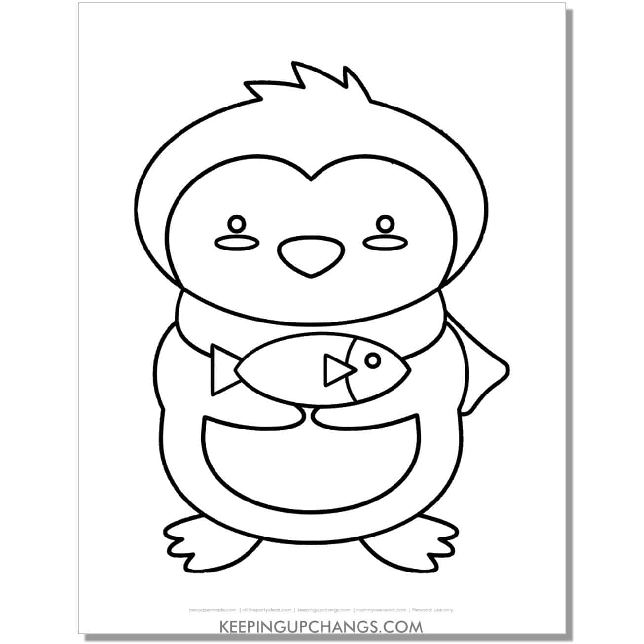 free cute love penguin boy with fish coloring page.