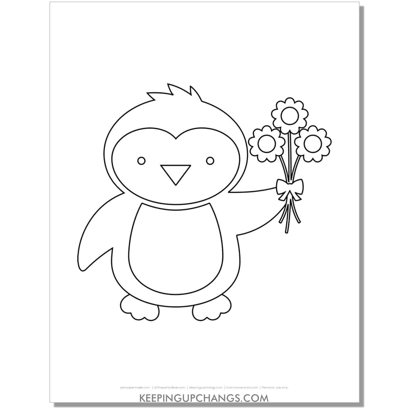 free kawaii love penguin boy with flowers and heart coloring page.