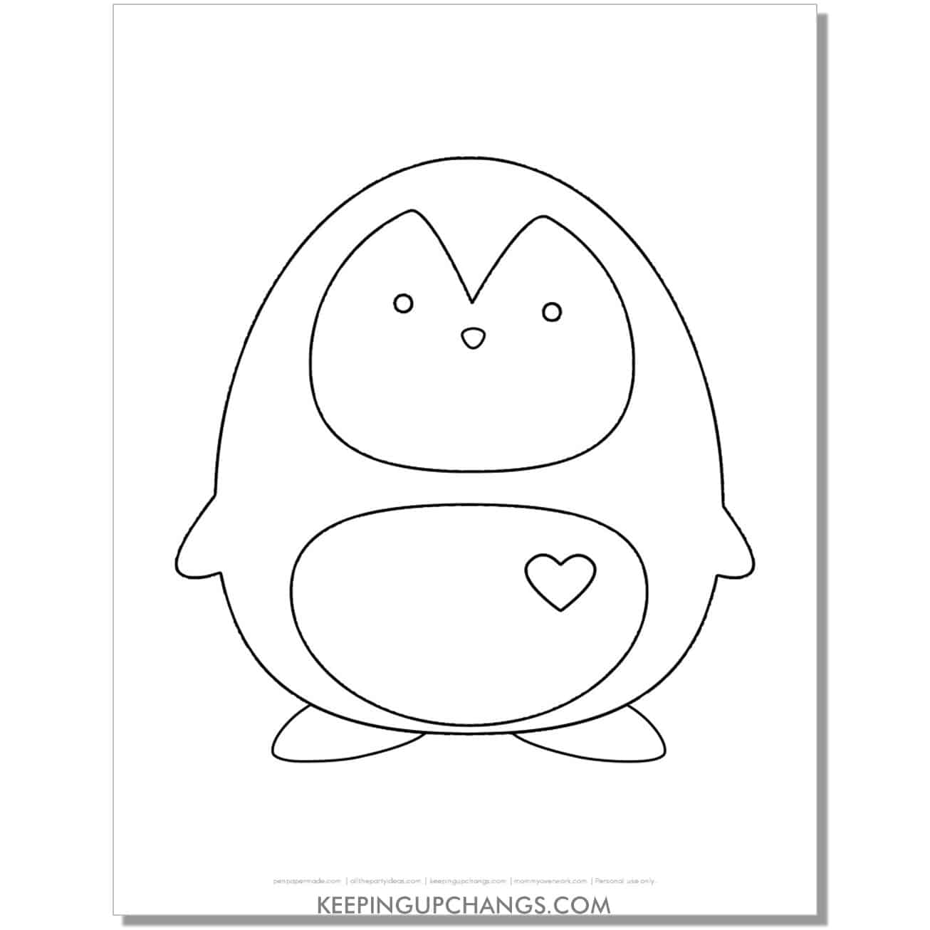 free easy, simple love penguin with heart coloring page.