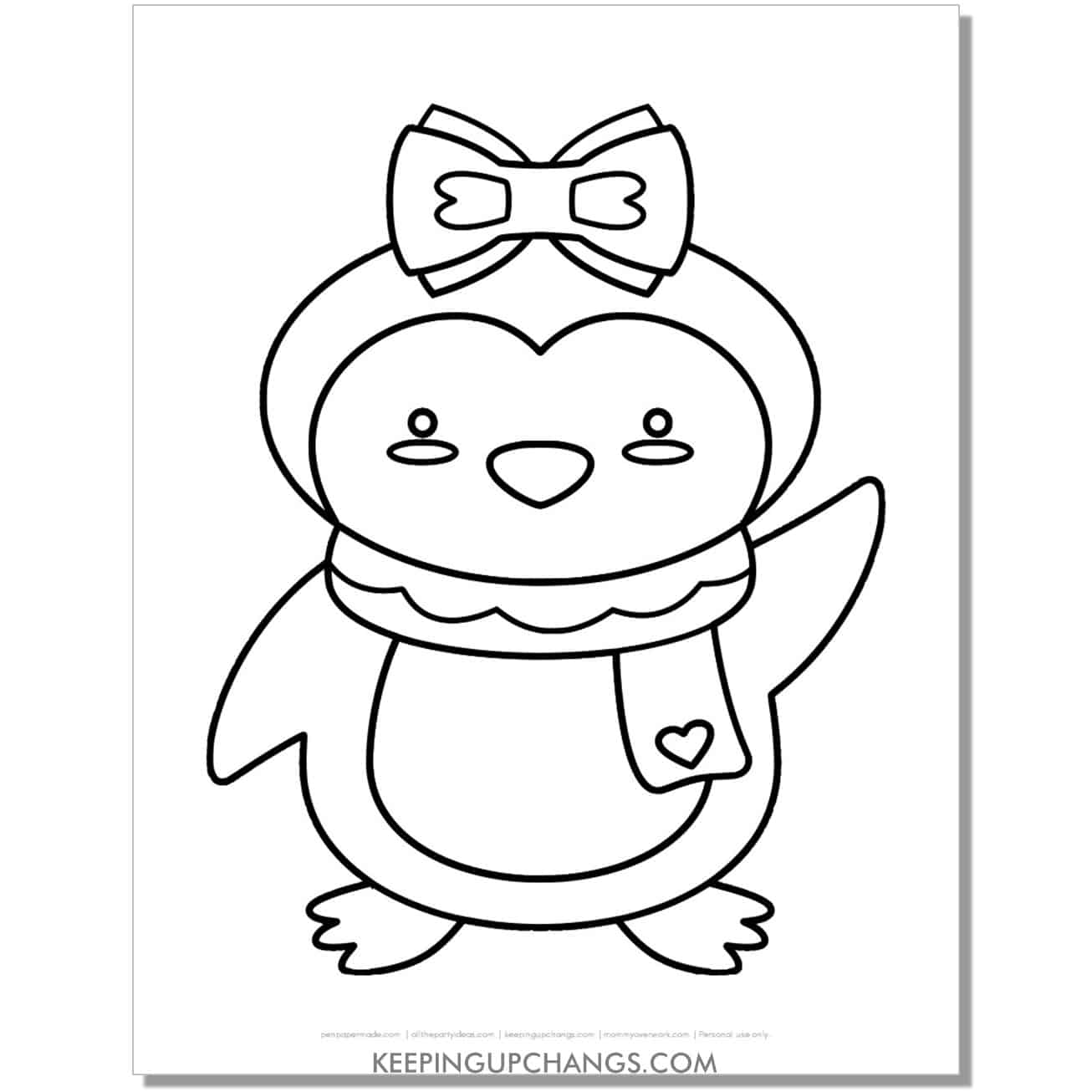 free cute love penguin girl with scarf and bow coloring page.