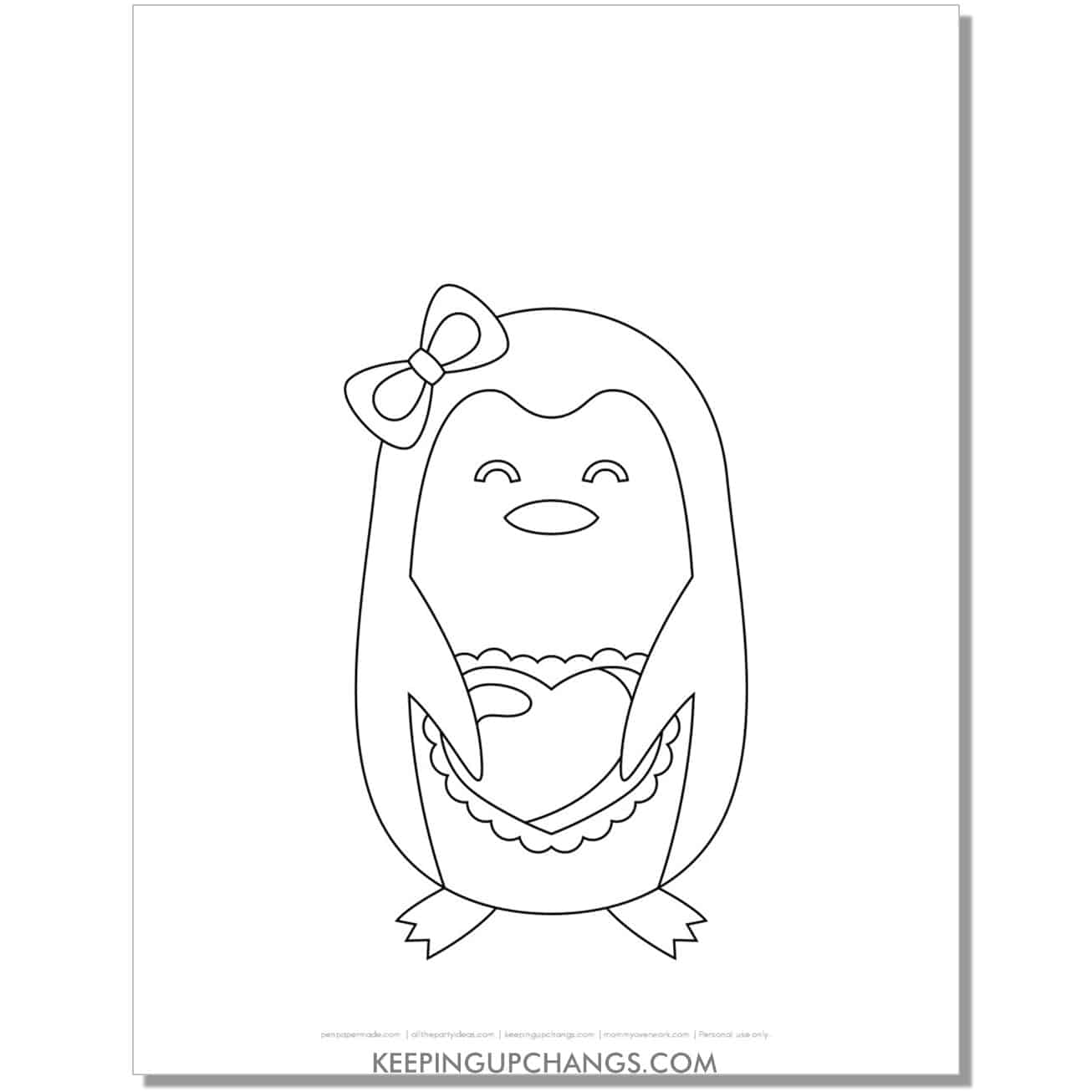 free simple love penguin girl with lace heart coloring page.