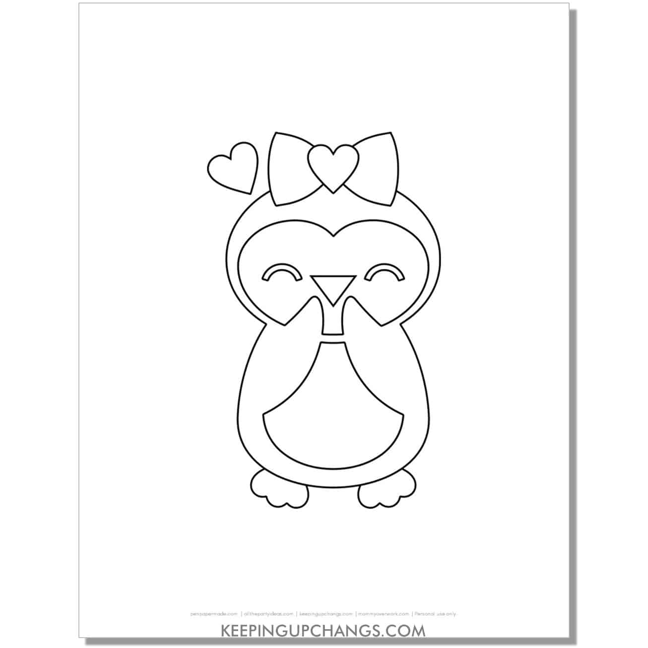free kawaii love penguin girl with bowtie and heart coloring page.