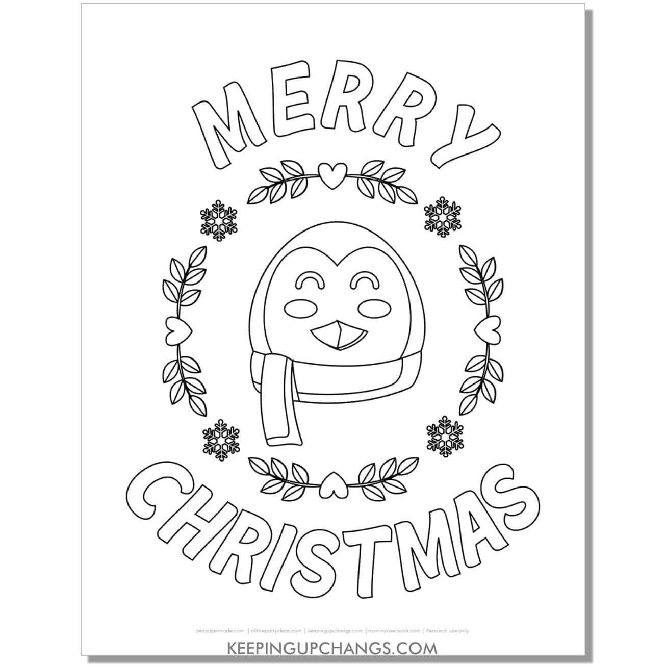 free merry christmas penguin face in wreath coloring page.