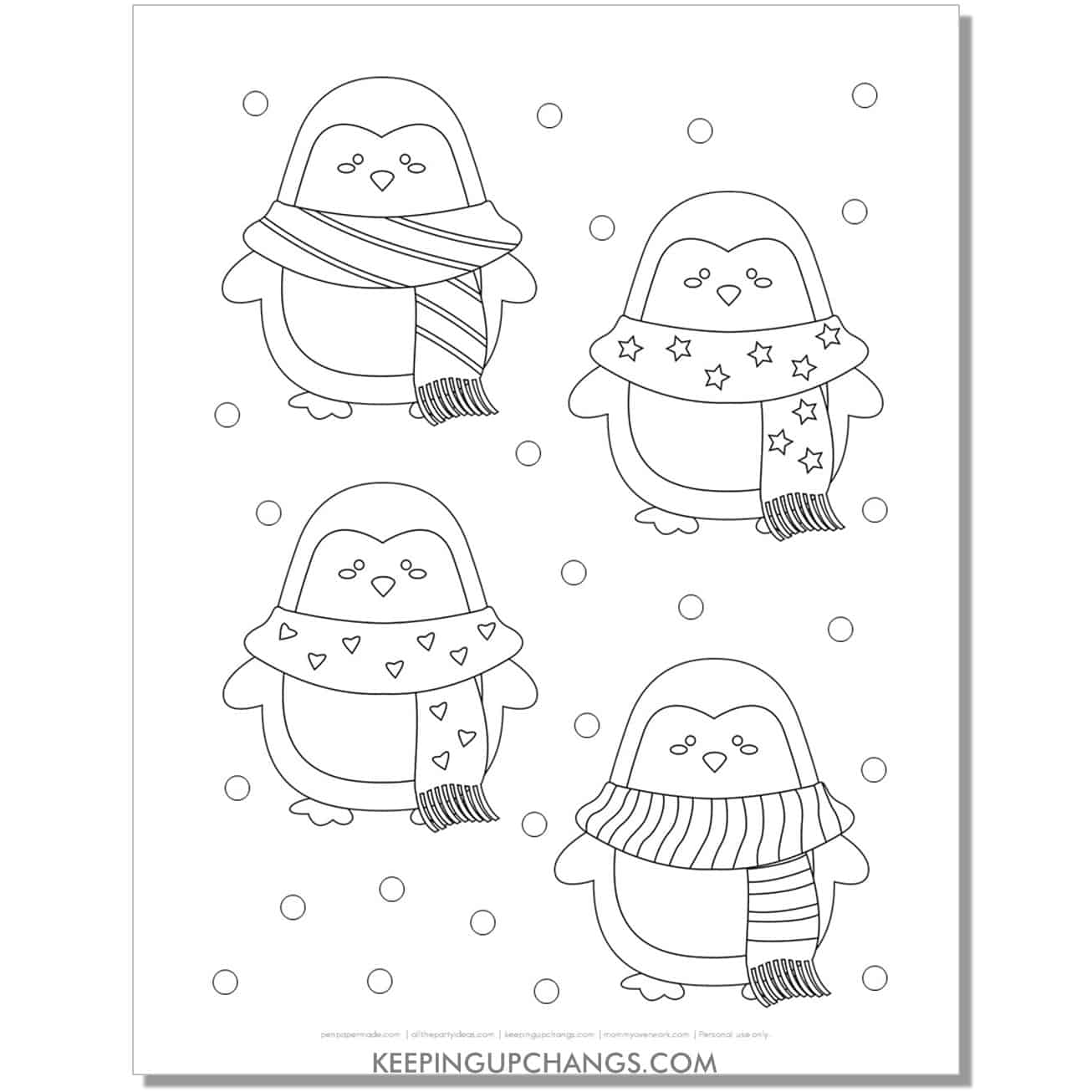 free winter penguin with fun scarves and snow coloring page.