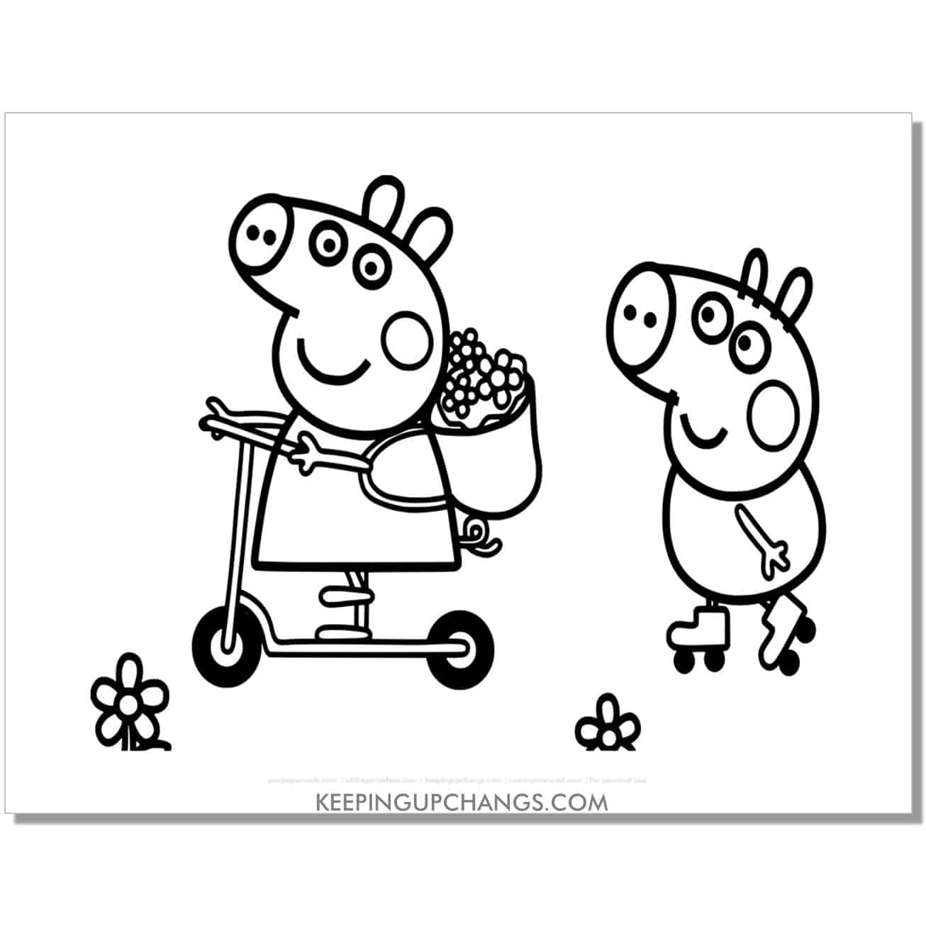 free scooter and roller skates george and peppa pig coloring page, sheet.