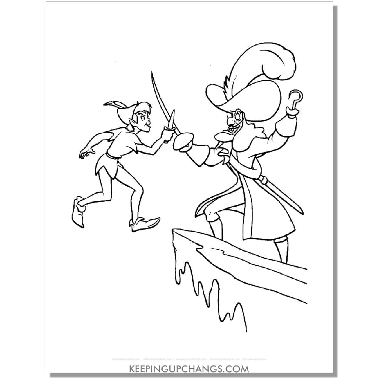 captain hook in a knife and sword fight with peter pan coloring page, sheet.