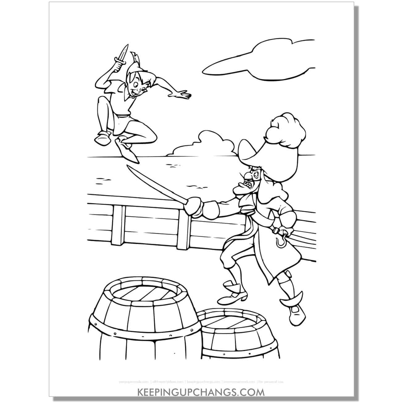 captain hook fights peter pan coloring page, sheet.